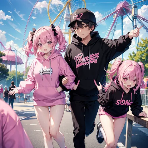 two couples,((running around at an amusement park,matching hoodies,black with pink points)) woman,pull a man&#39;s hand,very smi...