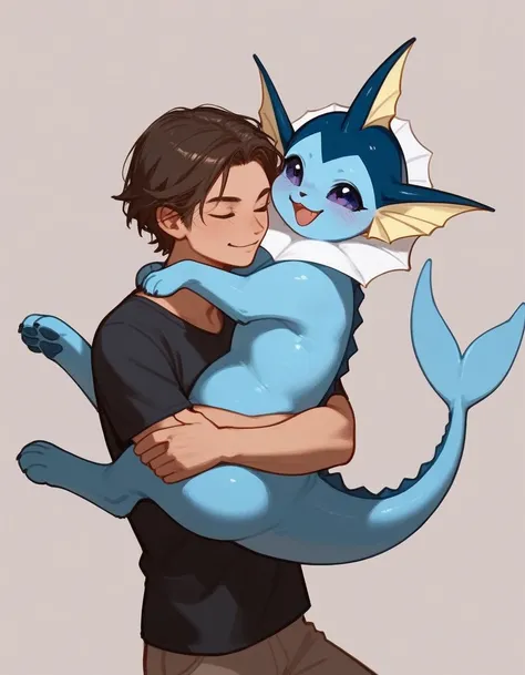 score_9,score_8_up,score_7_up, feral vaporeon, happy, carried in arms of a human.