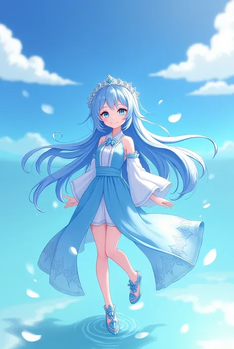 Douluo Continent animation，Water Binger，A young and beautiful girl with a royal sister style，Long sky blue hair，Wearing a water blue dress，Blue crystal shoes，Calm and calm personality，At first glance, it amazes everyone，A smile brings out all the charm。