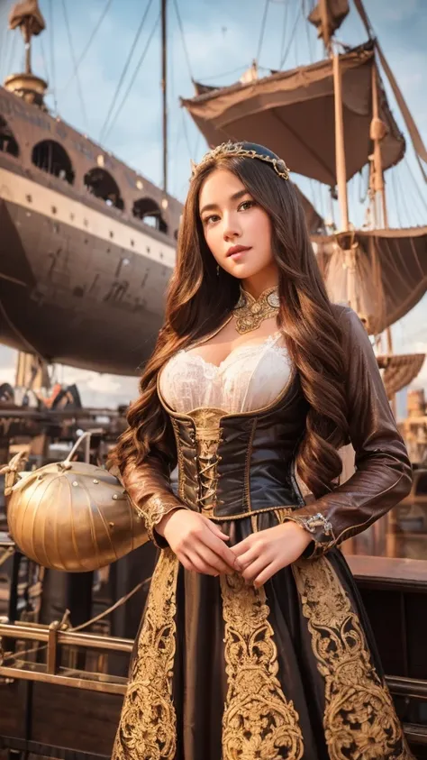 a beautiful young thai-italy idol girl in elaborate steampunk attire stands confidently with a vintage airship as a backdrop. sh...