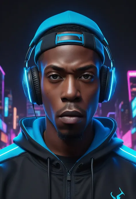 hyper-realistic pixar-style portrait of a futuristic black cyborg, blending shawt wearing a vibrant blue hoodie and sleek headph...