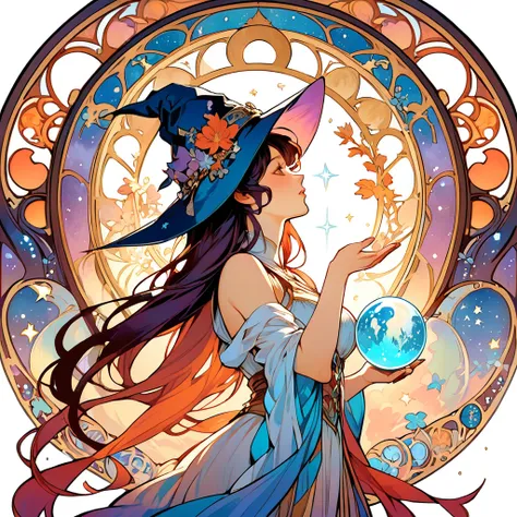 ((alphonse mucha's art style)), (from the side), hold a moon the size of a crystal ball in both hands,8-head beauty kisses, sheこ...