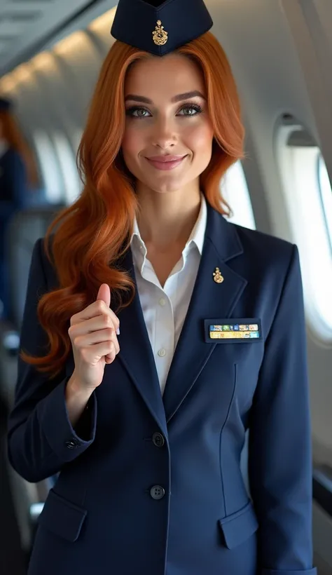 create the most beautiful flight attendant in the world, in work environment, Air force uniform, she is from Brazil, de cabelos castanhos, 8k, realisitic