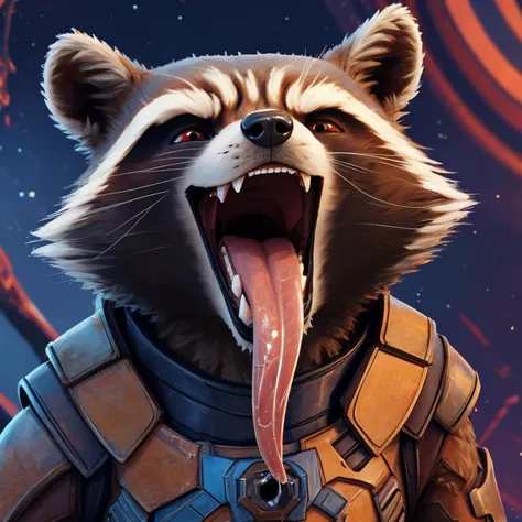 rocket raccoon (guardians of the galaxy 2014), marvel studios, 2d animation, looking at viewer, open mouth, tongue out, long ton...