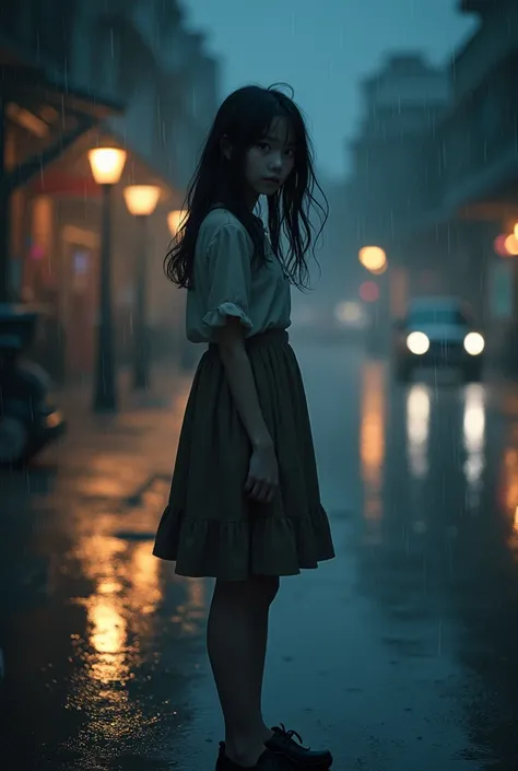 far view full standing behind view but she look at camera cute girl sad face but smiling. beauty of her. at rainy day in night. many bokeh light and front her is blur light. the image show full view that girl body show his head an legs and shoes