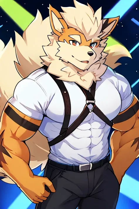 Arcanine, muscular, white shirt with straps , Black pants 