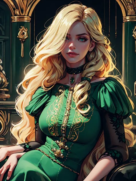 {-erro_de_anatomia:1.0} woman 40 years old, victorian clothes, (green dress), a woman (johanna constantine), very long blond hai...