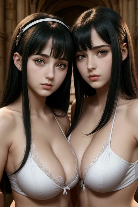 two girls, europeans family sisters, queens blade, army french style break: french woman, confiant, black green hair , detailed face, beautiful face, cleavage, curvy body, queens blade, break: french girl, young sister, girl, very small breats, slim, teena...