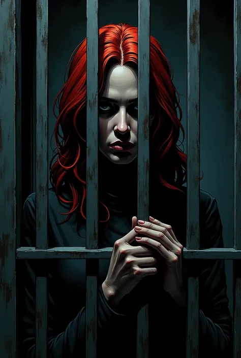 comic book style faceless woman with red hair being arrested in a melancholic scene with dark colors, after killing her husband, she was imprisoned in jail, bars format 16 x 9