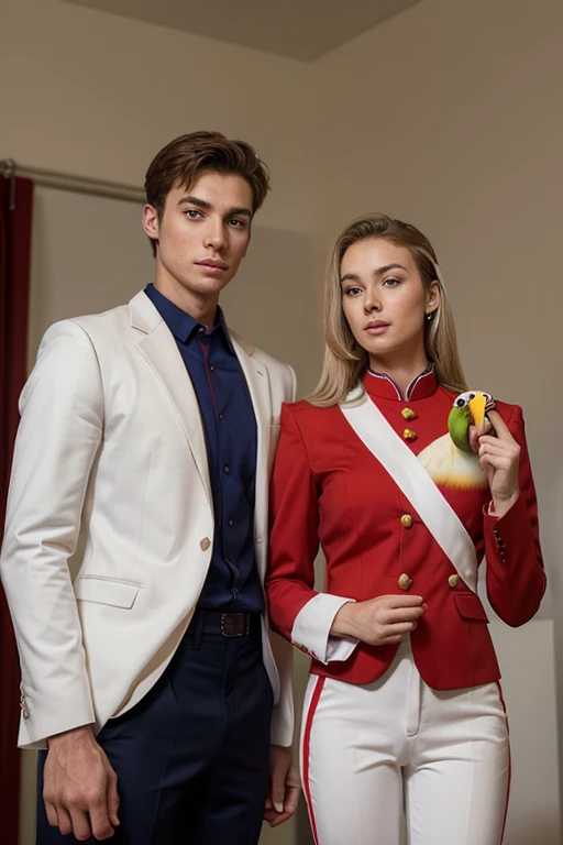 Young handsome cute white skinned smooth skinny beautiful face and wearing a red suit uniform shows his college classmate a parrot while his classmate was surprised looking at the parrot