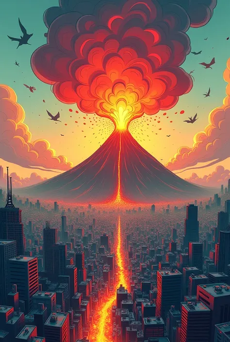 Cartoon erupting volcano in the city landscape