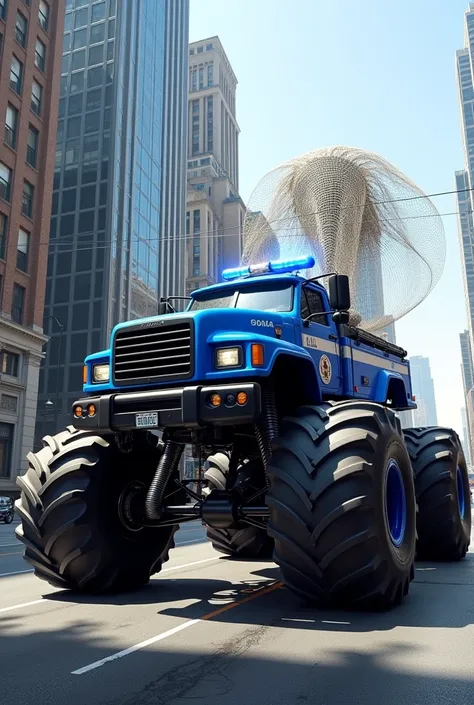 Blue Police Monster Truck Shooting Huge Net.
