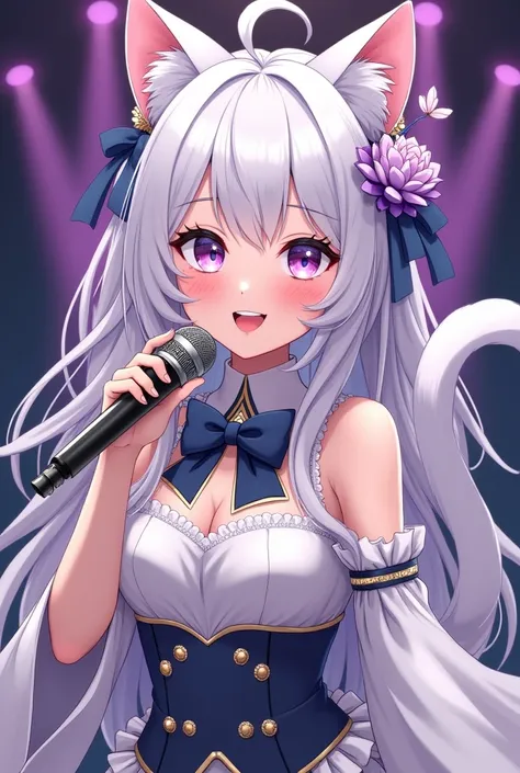 magic girl and a famous idol with long white hair and cat ear and tail, holding a microphone 
