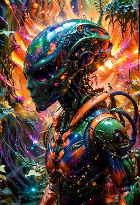 An alien wearing the most advanced technology of alien spaceship in the dark universe, a unique alien alien, dressed in an orange-studded, high-tech spacesuit, is depicted wandering in a vibrantly hued space environment. A profusion of colors from red to b...