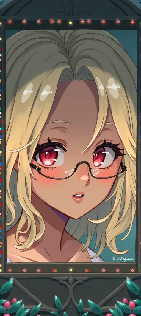 Close-up of a woman with rosa hair wearing glasses, artwork in Guvez style, Guvez, Kawaii realistic portrait, Inspired by Seihiko-kun, glowing rosa face, rosa girl, beautiful animated portrait, rosa glasses, glowing rosa eyes, 3d realistic anime style., ya...