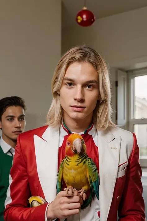 Young handsome cute white skinned smooth skinny beautiful face and wearing a red suit uniform shows his college classmate a parrot while his classmate was surprised looking at the parrot