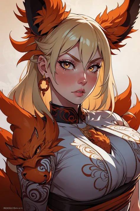 REALISTIC VISION 1.4, BETTER VAE,sharp focus, ultra detail, 32k,realistic photo, intricate details, kitsune, blond hair, (blond hair), orange eyes, intricate details ,woman, nine tails, intricate details,intricate details,big , Voluptuous body, intricate d...