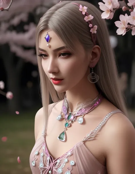 (,1 Girl, Throw,best quality, ) , ((, Jewelry, earrings, neckLace, Looking at the audience,  For the audience, outdoor, Cherry blossoms,  ))    Ultra-realistic 8k CG, Flawless, Clean, masterpiece, Professional artwork, Famous Artworks, Movie Lighting, Movi...