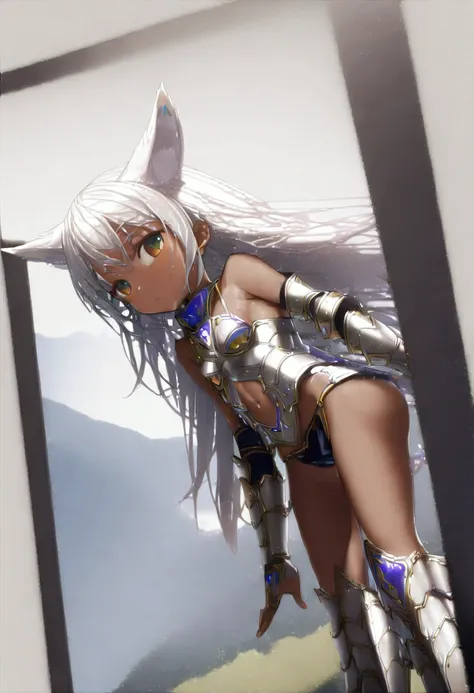 (8k, Anime Style, Highest quality, (from below:2), View your viewers: 1.3), (Fox Girl, Fox Ears, Silver Hair, One Girl, Long Hair, (Alone on the screen, dark skin), High definition:1.6), (Bikini Armor, Less exposure:1.8), (Body measurements are 75-60-75!, ...