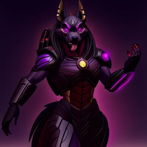 (masterpiece, best quality:1.2), vortex anubis hellhound, wolf, furry, helluva boss, hypnotized with glowing purple eyes, tongue...