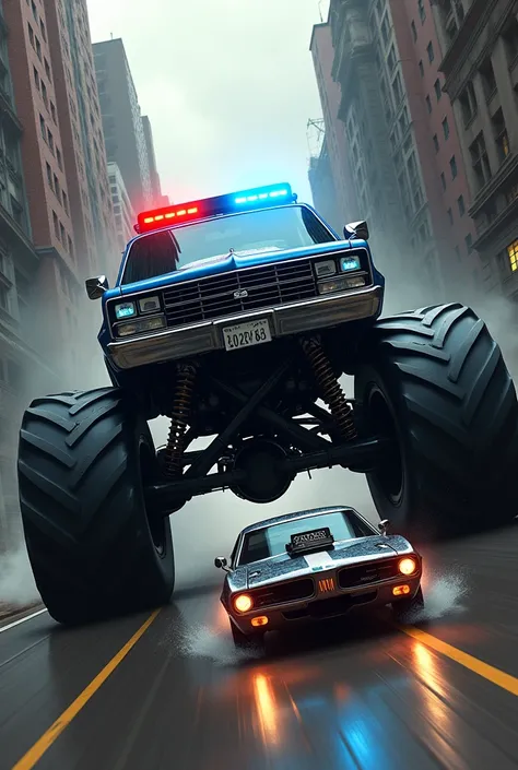 Blue Police Monster Truck Chasing Gangsters Car. 
