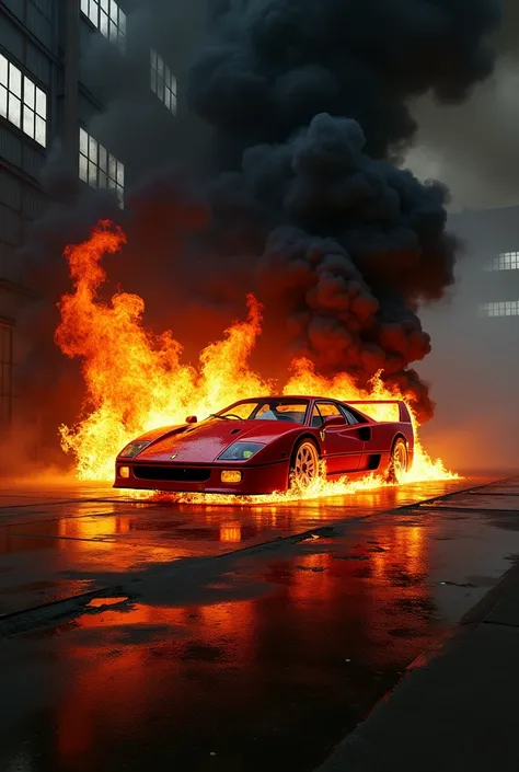 Ferrari f40 on fire with black smoke seen engulfing it recreating a legendary photo that looks realistic 