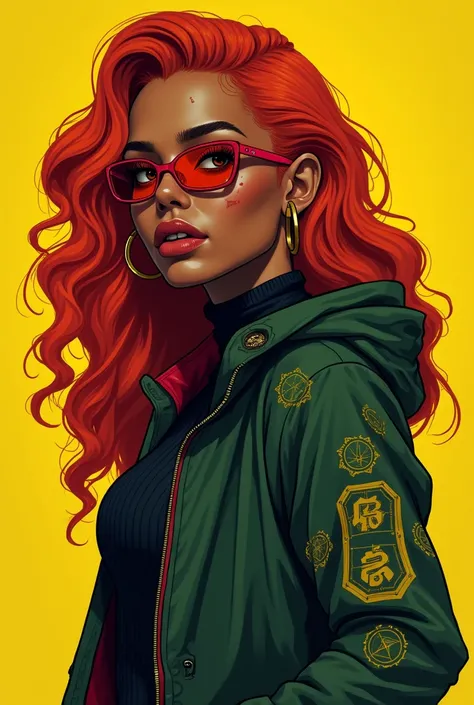 a female character in 2d cyberpunk style, A 28 year old woman, dark brown skin, eyes on black color, serious eyebrows. her hair is long, curly and bright red in color, wears a thick dark green jacket with strange symbols scattered randomly, bright golden i...