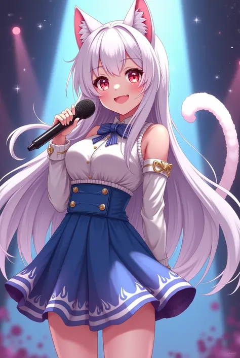 magic girl and a famous idol with long white hair and cat ear and tail, holding a microphone, waring a skirt
