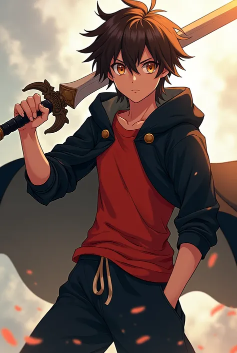 Anime boy with brown hair, amber eyes, black cape sweatshirt, red shirt and baggy pants, holding a bone sword