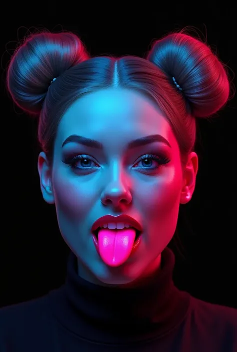 Woman&#39;s head contour with buns, sticking out neon pink tongue with black background