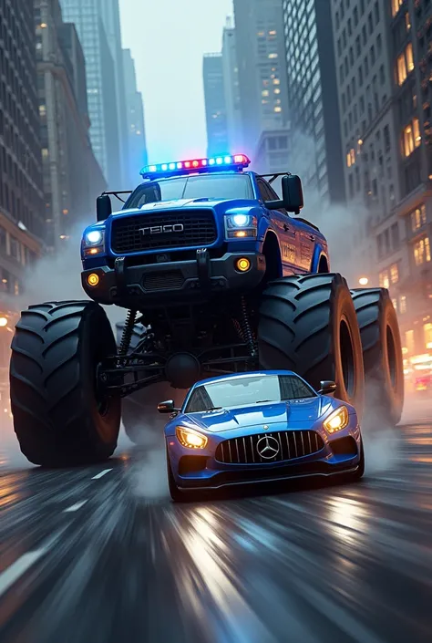 Blue Police Monster Truck Chasing Gangsters Car. 
