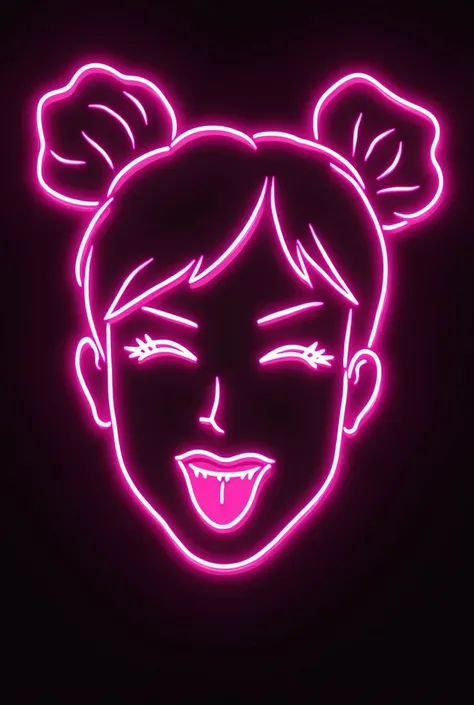 Neon pink outline of a woman&#39;s head with buns, sticking out the pink tongue 