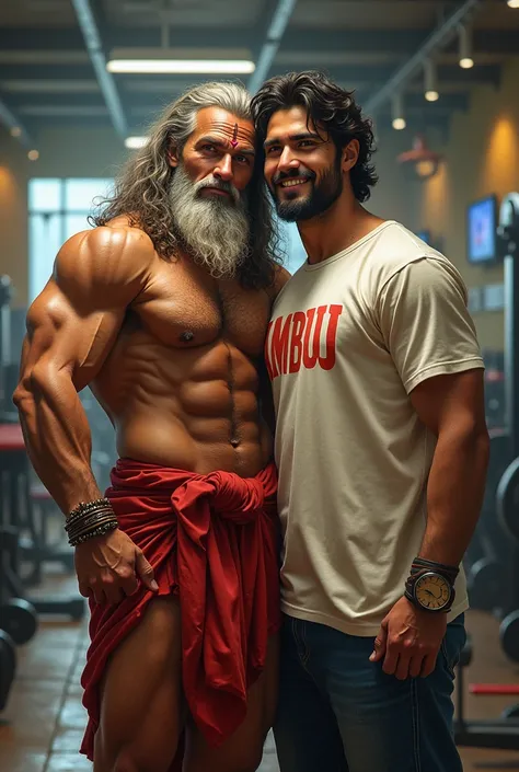 The story of friendship between bajrangbali Hanuman and a gym enthusiast.  Hanuman is seen supporting the gym boy, "Ambuj" is written on the boys t-shirt, the gym is seen in our background, the mix of his strength and muscle makes for a powerful sight