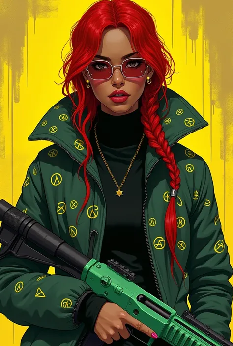 a female character in 2d cyberpunk style, A 28 year old woman, dark brown skin, eyes on black color, serious eyebrows. her hair is long, curly and bright red in color, tied in a braid that falls over her shoulder, wears a thick dark green jacket with stran...