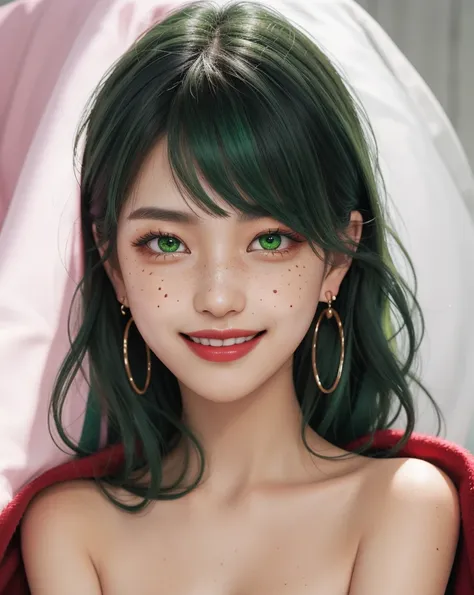 1 Girl, 19 years old, south korean, 4k, masterpiece, realistic, long whavy black hair with bangs, green fade hair, shining green pupils, shining red lips, freckles, red eyeliners, golden hoop earings, naked, covered by a purple blanket, freckles, big smug ...