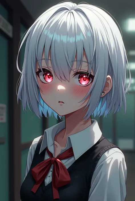 An AI high school girl named Karin, short white hair, damaged, hurt, anime, psychopath