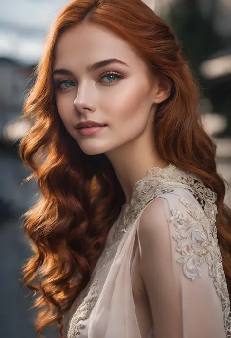 Creates a 25-year-old Russian girl with red hair, long and wavy, that cascades down to the middle of her back. Her eyes are a bright sky blue, standing out with a striking contrast against her light skin. He has an athletic and well toned body, with an upr...