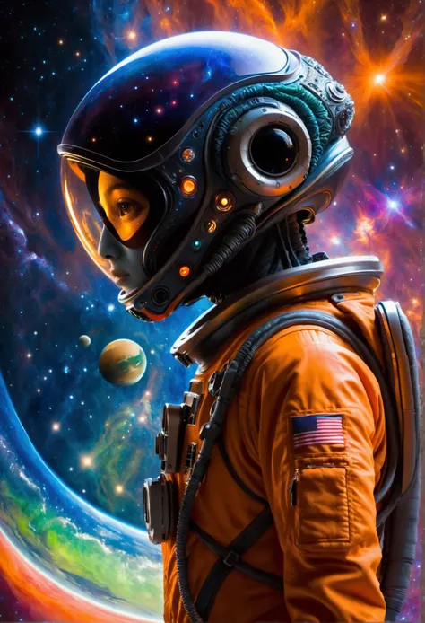 An alien wearing the most advanced technology of alien spaceship in the dark universe, a unique alien alien, dressed in an orange-studded, high-tech spacesuit, is depicted wandering in a vibrantly hued space environment. A profusion of colors from red to b...