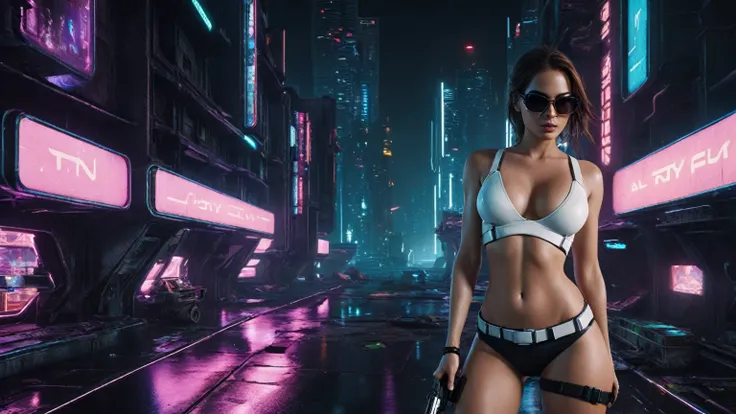 (aerial view, a flying cars docking platform, flying cars, a very dark abandoned futuristic city, neon lights), at night. A girl as Lara Croft, solo, alone, large-breast:1.2 slim body, cleavage:1.1, sexy miniskirt, (black sunglasses), (holding a pistol:1.8...