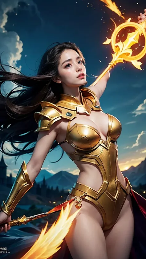 "Illustrate Vex from League of Legends by Riot Games, in her Dawnbringer skin, with radiant, golden armor and a celestial staff, featuring a majestic, yet melancholic design, having massive k-cups:1.55. Shes in a heavenly realm with glowing clouds and beam...