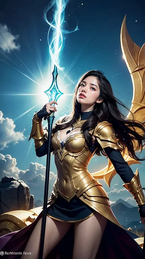 "Illustrate Vex from League of Legends by Riot Games, in her Dawnbringer skin, with radiant, golden armor and a celestial staff, featuring a majestic, yet melancholic design, having massive k-cups:1.55. Shes in a heavenly realm with glowing clouds and beam...