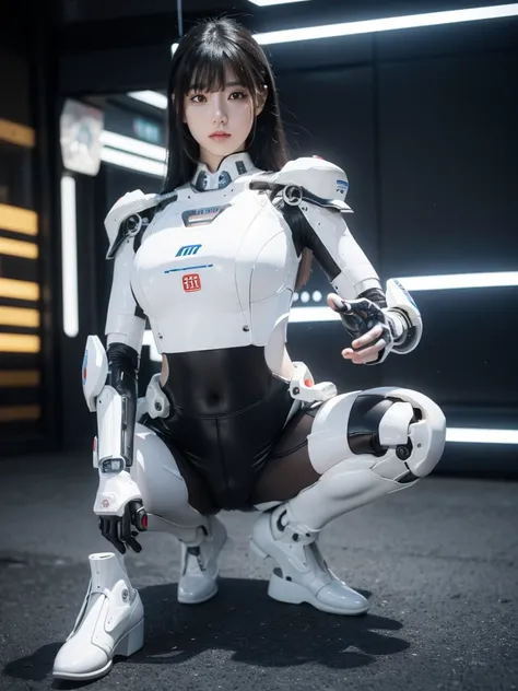 masterpiece, Highest quality, Very detailed, (8k, 4K, Highest quality, High resolution, 超High resolution:1.1), (Tabletop, Realistic, Photorealistic:1.1)Japanese anDroid woman,Plump ,Control panel,Activation,Squat,anDroid,Droid,Mechanical Hand,Robotic arms ...