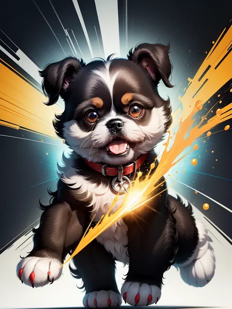 Vector, Print-ready colorful graffiti, illustartion: Cute cartoon black shihtzu puppy, action shot, high detail, ((whitebackground))