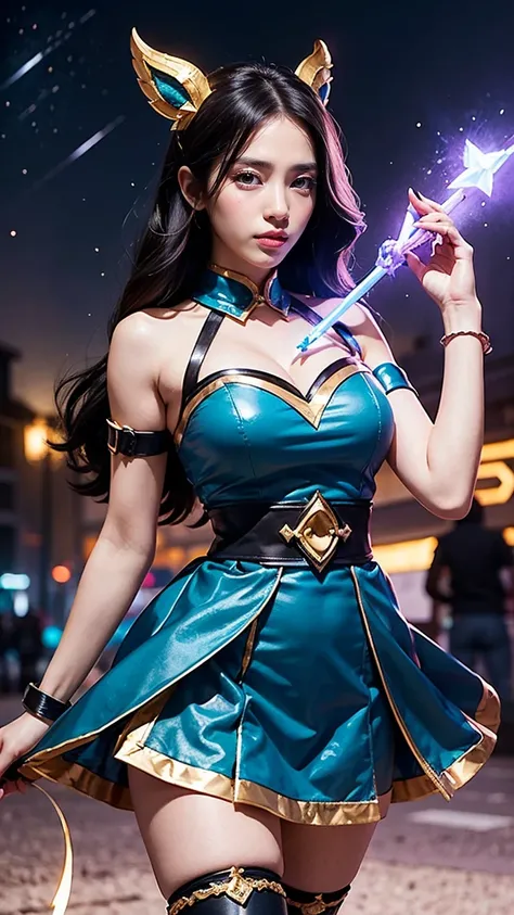 "Show Vex from League of Legends by Riot Games, in her Star Guardian skin, with magical girl-themed attire and a glowing staff, featuring a whimsical, yet gloomy design, having massive k-cups:1.55. Shes in a vibrant cityscape with shooting stars and sparkl...