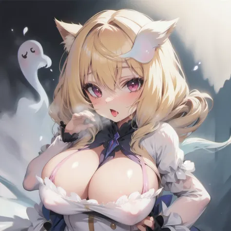 blondes，Double tail，Female ghost，loli，Large Breasts,Bulge，areola，Translucent clothing，Slobber