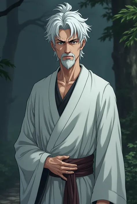 Make a young man, 24 year old white. With a short white beard and white hair with a short ponytail. That he has very veiny hands and is thin.  anime style, that has a serious face and a robe 