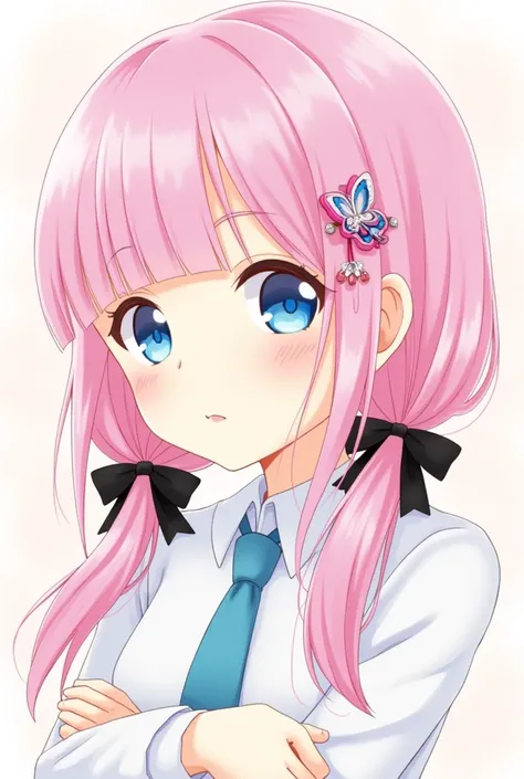 bangs, pink_hair, blunt_bangs, hair_ornament, butterfly_hair_ornament, ribbon, black_ribbon, blue_eyes, blush, hair_ribbon, twintails, long_hair