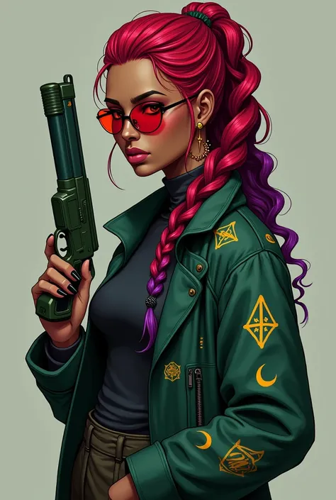 a female character in 2d cyberpunk style, A 28 year old woman, dark brown skin, eyes on black color, serious eyebrows. her hair is long, curly and bright red with purple highlights at the ends, tied in a braid that falls over her shoulder, wears a thick da...