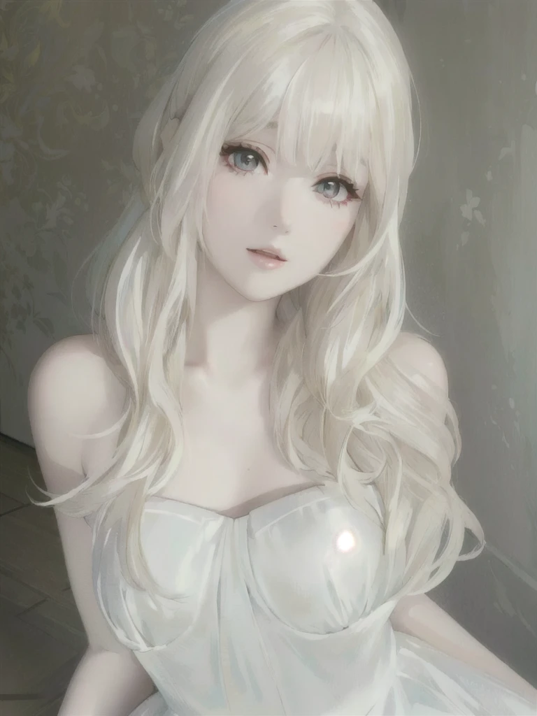 a close up of a woman with long blonde hair wearing a white dress, long white hair and bangs, white hime cut hairstyle, with whi...