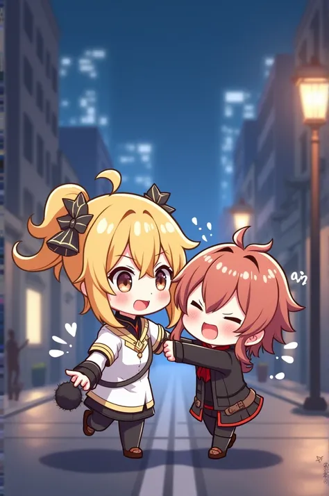 Light (female protagonist of genshin impact) hit childe (de genshin impact) 
in the face for trying to hug her both in chibi mode.  Korean model bokeh city night